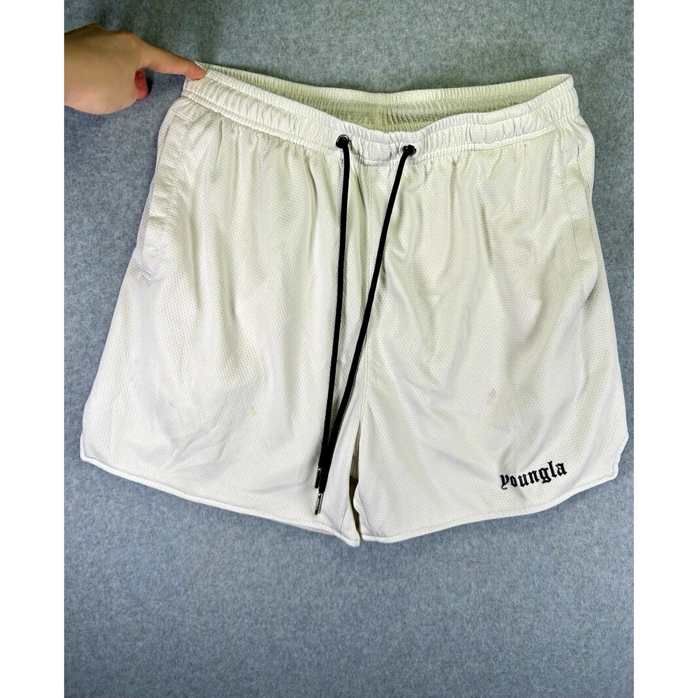 Stain*YoungLA Shorts boys L White Mesh Athletic Drawstring Pockets Logo